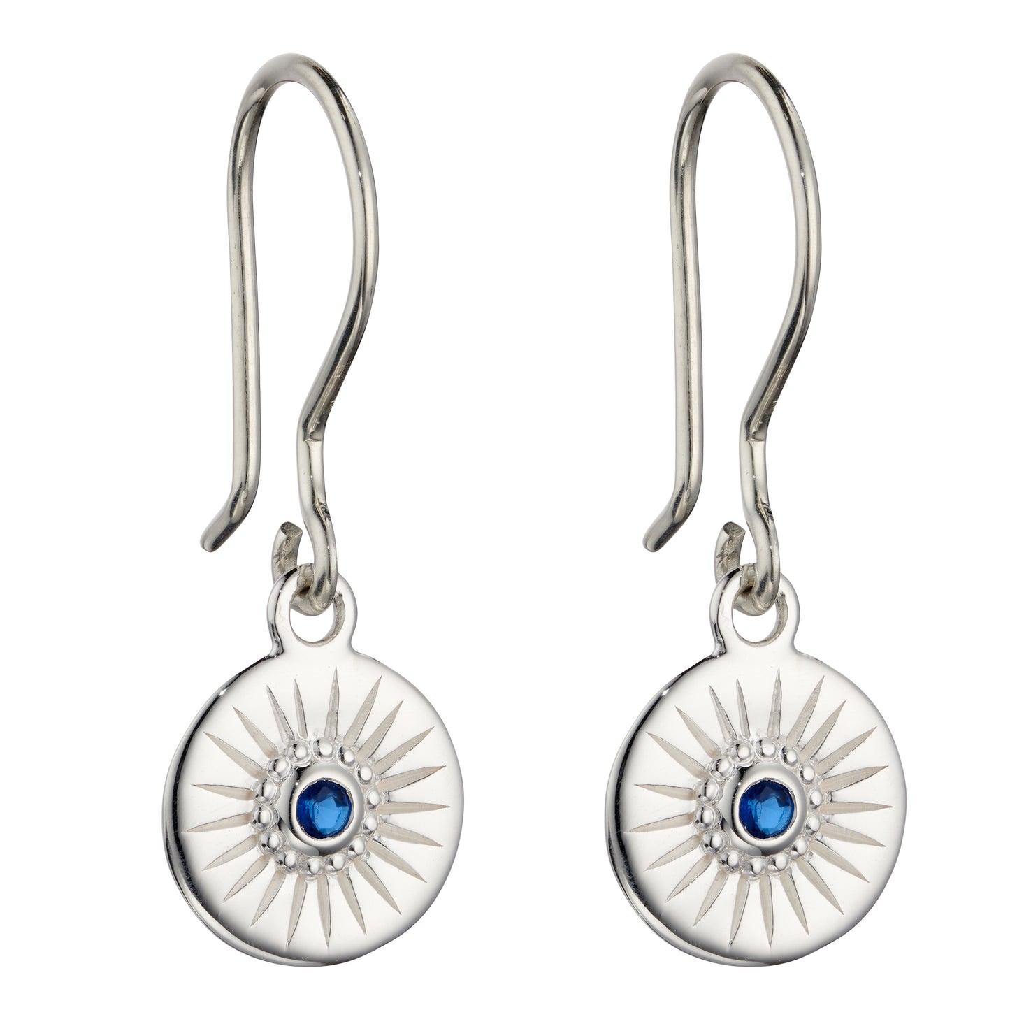 Diamond Cut Disc Drop Earrings With Sapphire Blue Crystal