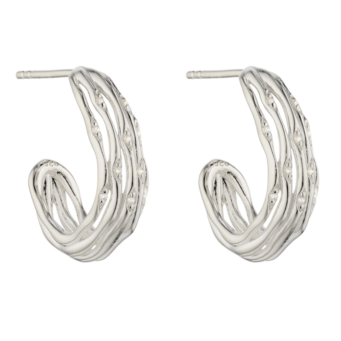 Bamboo Stem Half Hoop Earrings With CZ