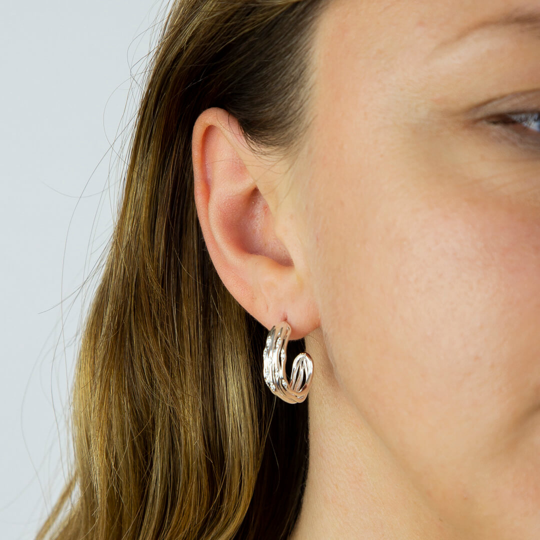 Bamboo Stem Half Hoop Earrings With CZ