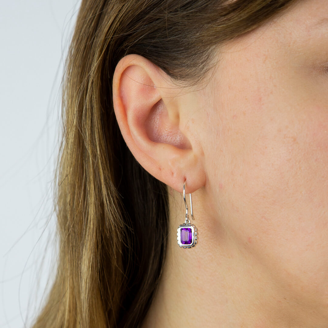 Curve Surround Emerald Cut Brazilian Amethyst Drop Earrings