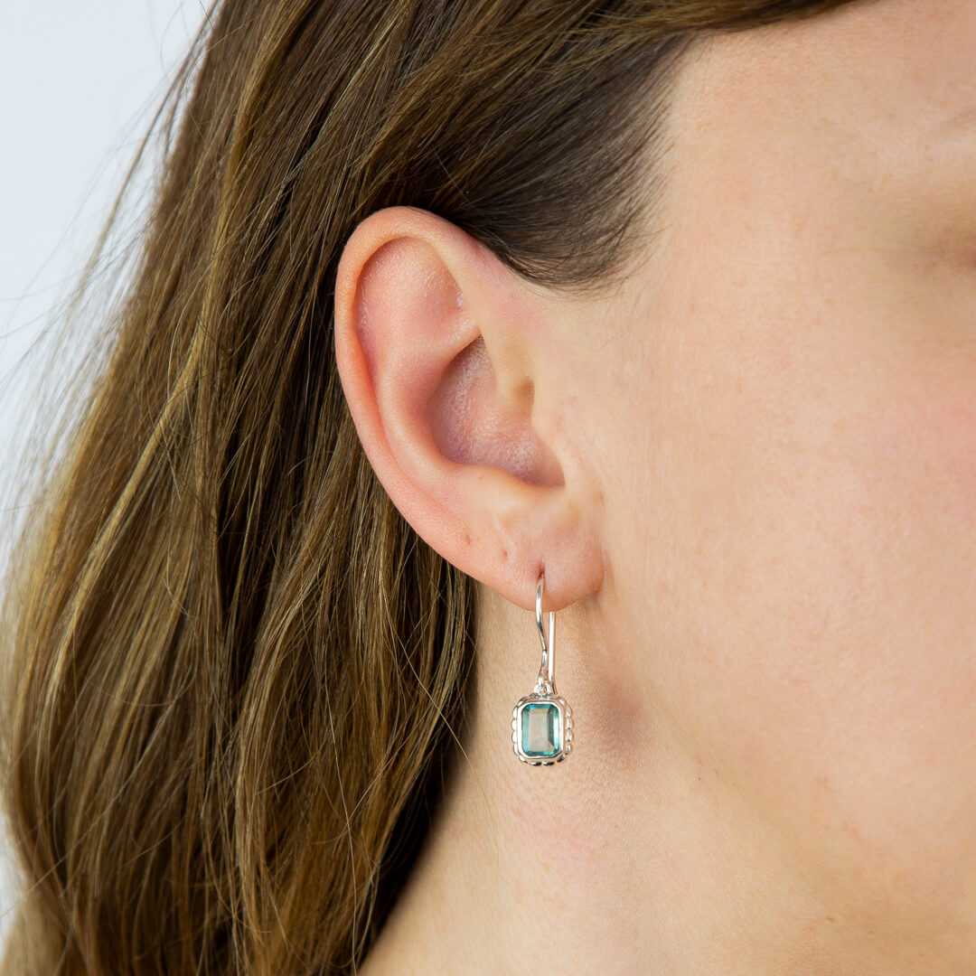 Curve Surround Emerald Cut Green Fluorite Drop Earrings