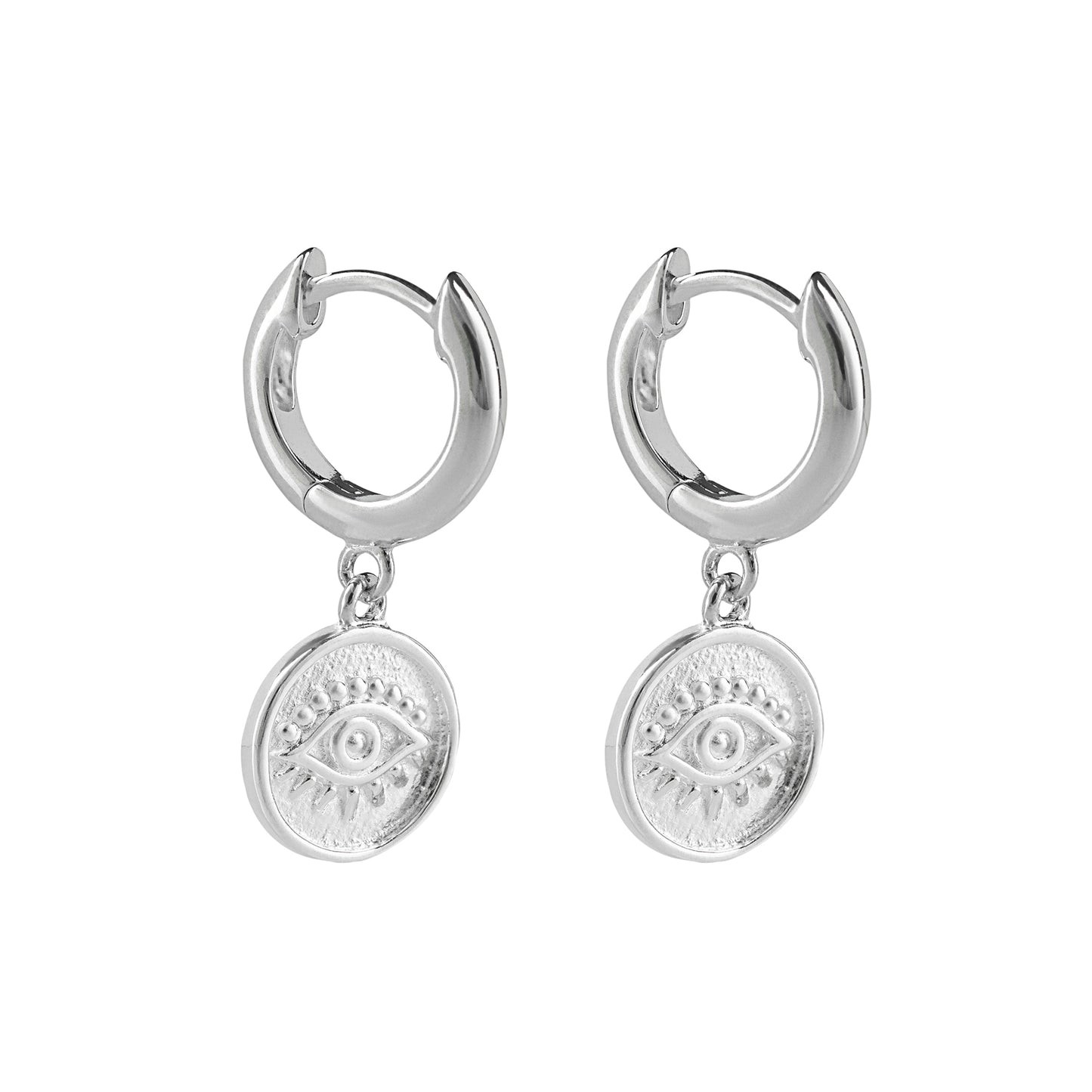Recycled Silver Hoop Earrings With Evil Eye Charm