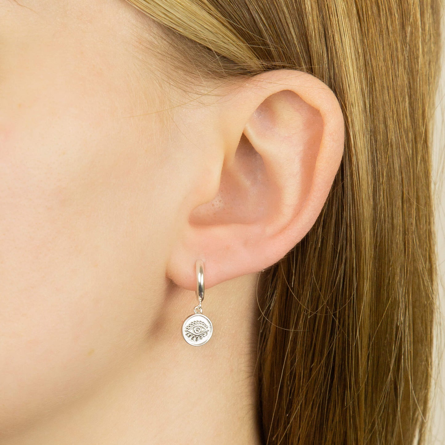 Recycled Silver Hoop Earrings With Evil Eye Charm