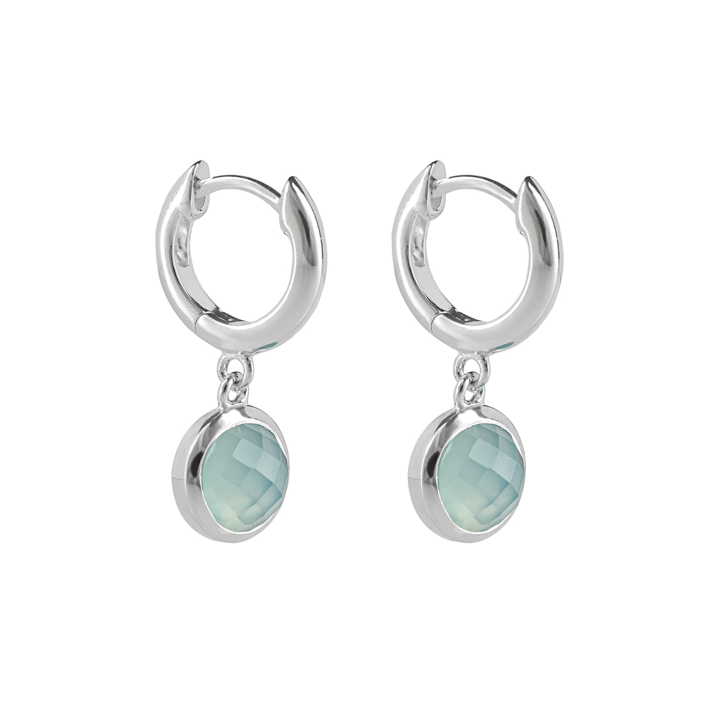 Recycled Silver Hoop Earrings With Round Blue Chalcedony Charm