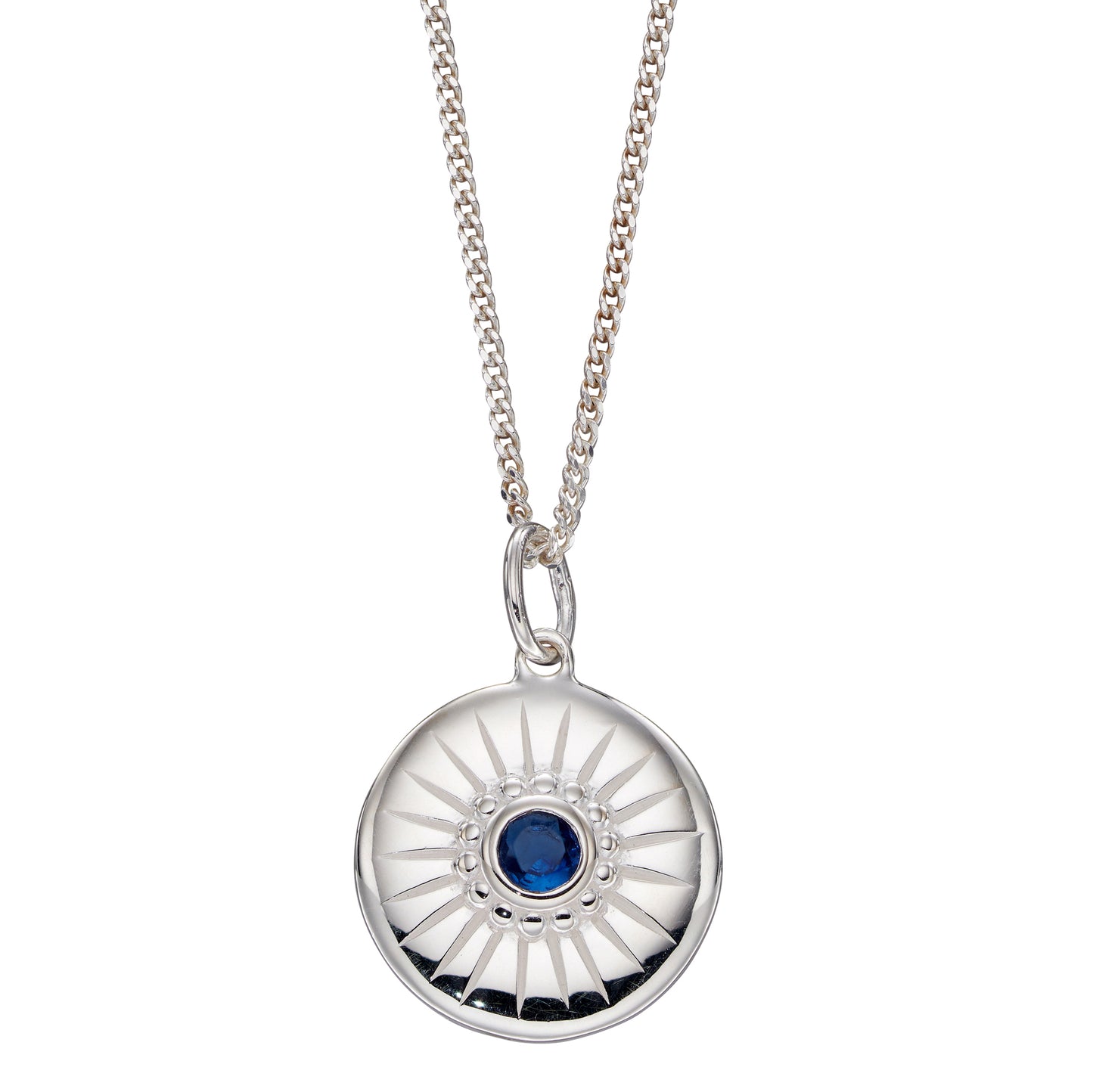 Diamond Cut Disc Pendant With Sapphire Blue Crystal