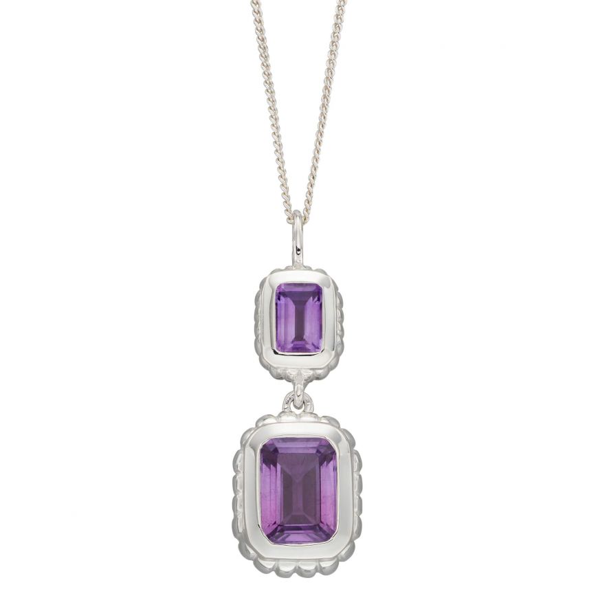 Curve Surround Emerald Cut Brazilian Amethyst Double Drop Pendant