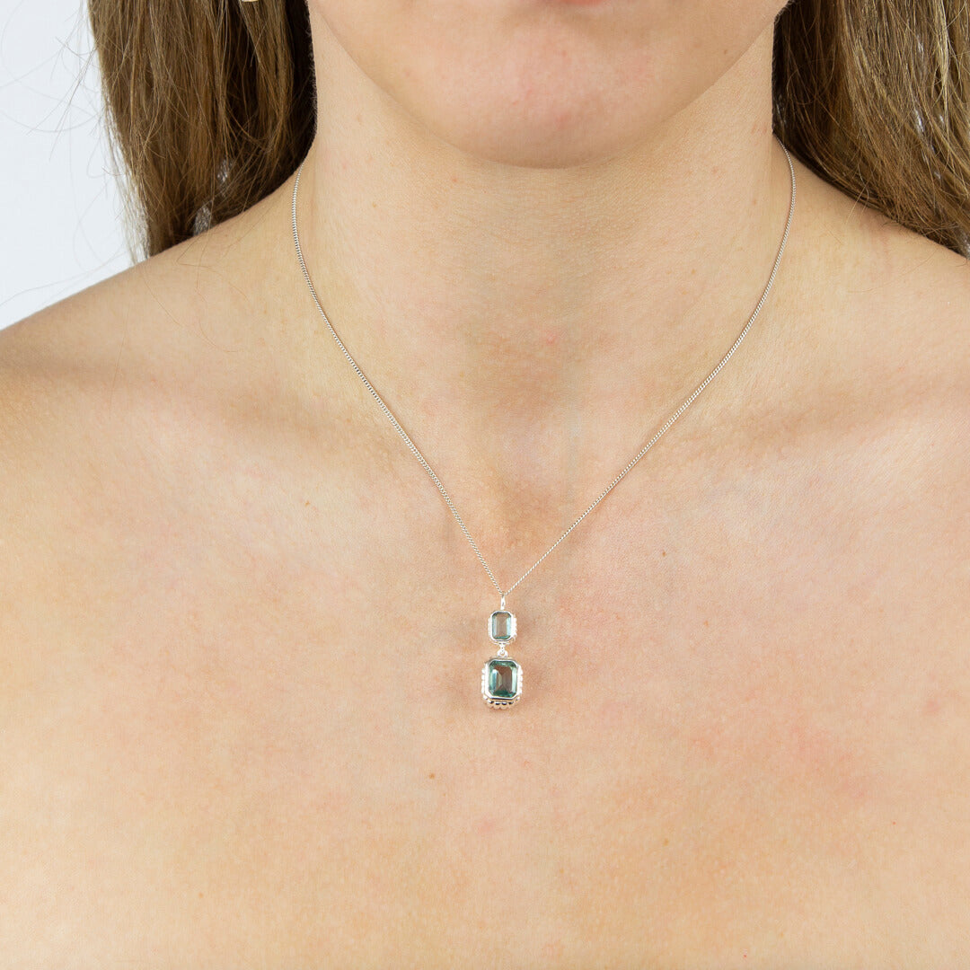 Curve Surround Emerald Cut Green Fluorite Double Drop Pendant