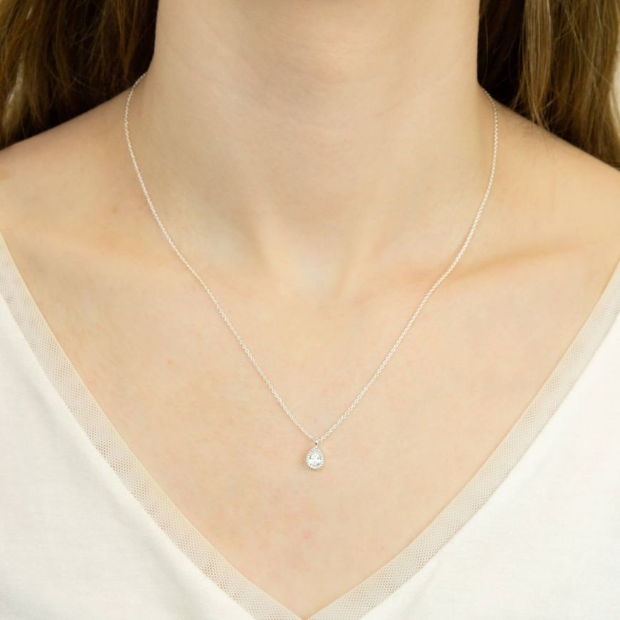 Recycled Silver Teardrop Necklace With Rhodium Plating And CZ