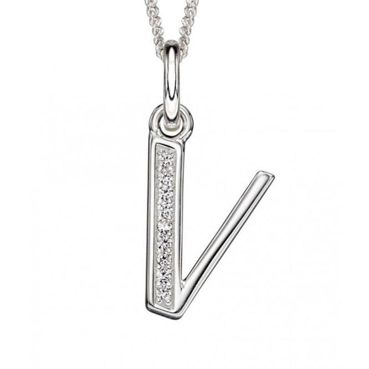 Art Deco V Initial Pendant With CZ