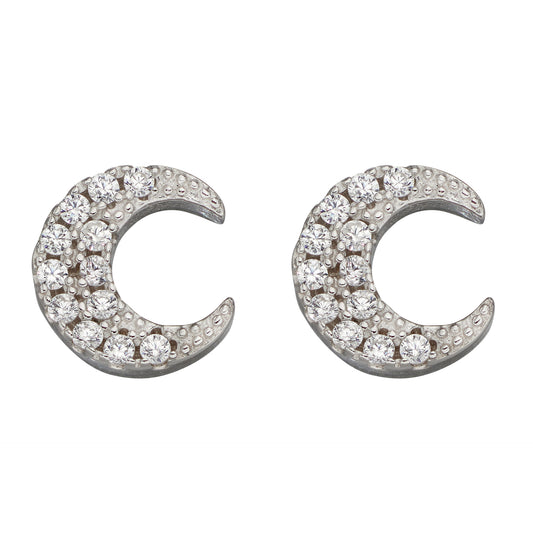 Crescent Moon Stud Earrings With CZ