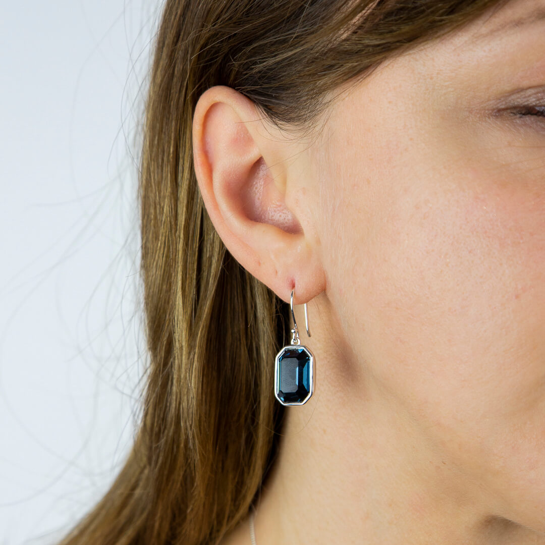 Elongated Octagon Drop Earrings With Montana Blue Crystal
