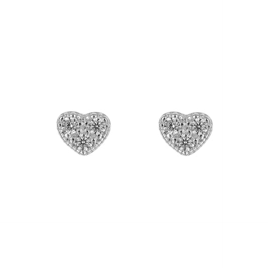 Recycled Silver Heart Stud Earrings With Rhodium Plating And CZ