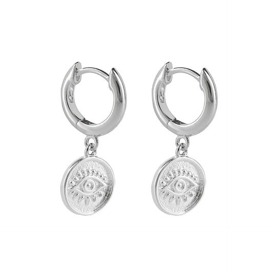 Recycled Silver Hoop Earrings With Evil Eye Charm