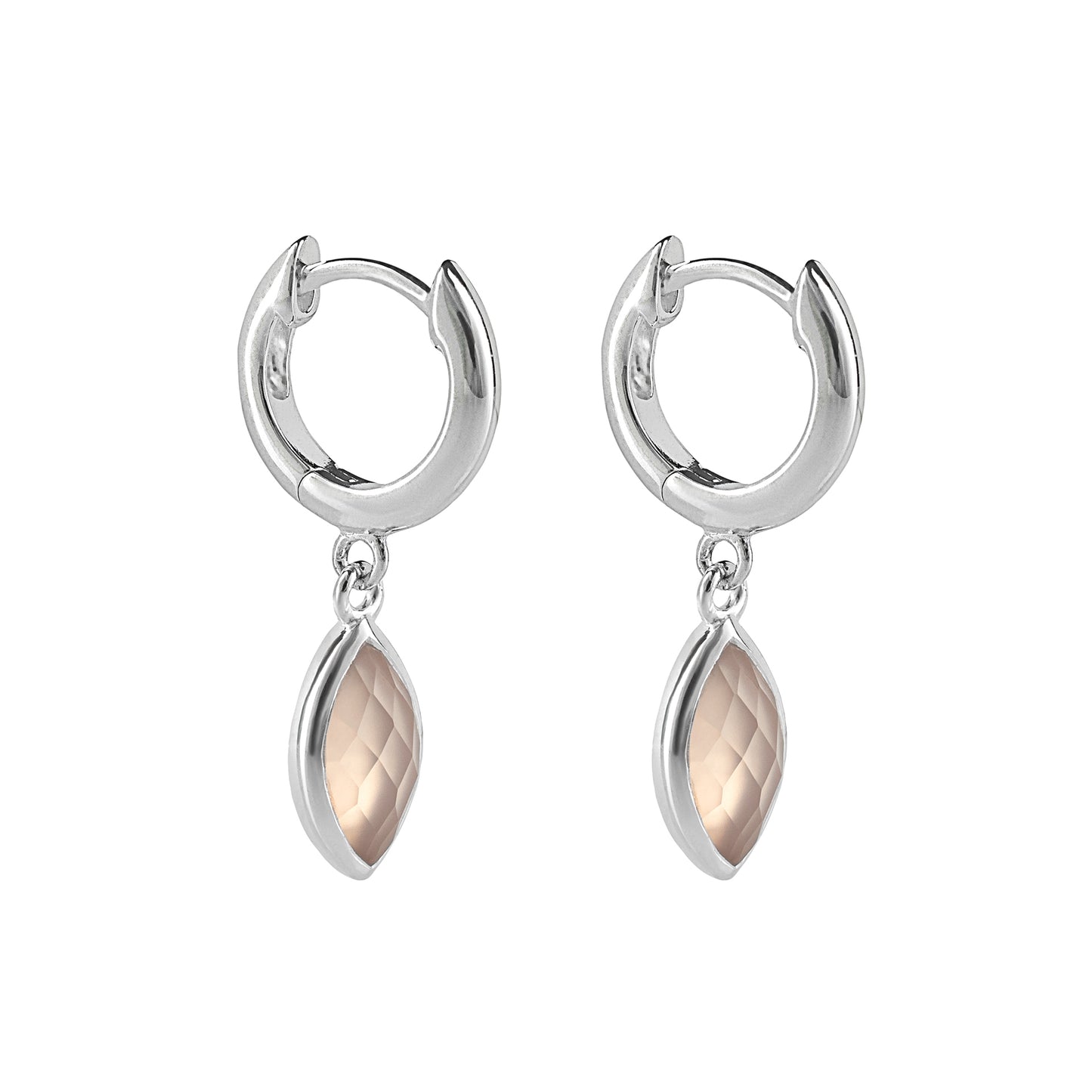 Recycled Silver Hoop Earrings With Marquise Pink Chalcedony Charm