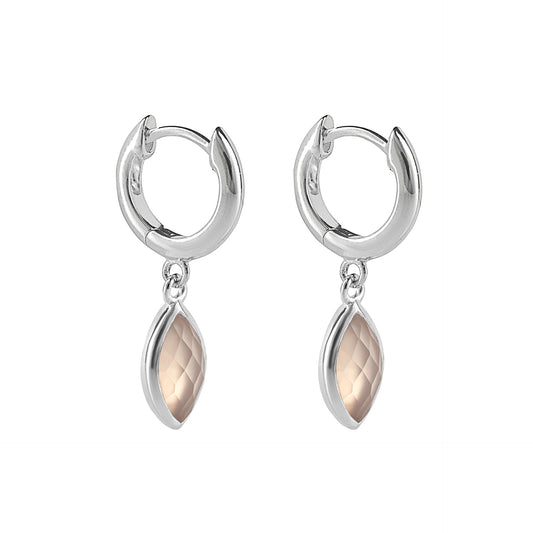 Recycled Silver Hoop Earrings With Marquise Pink Chalcedony Charm