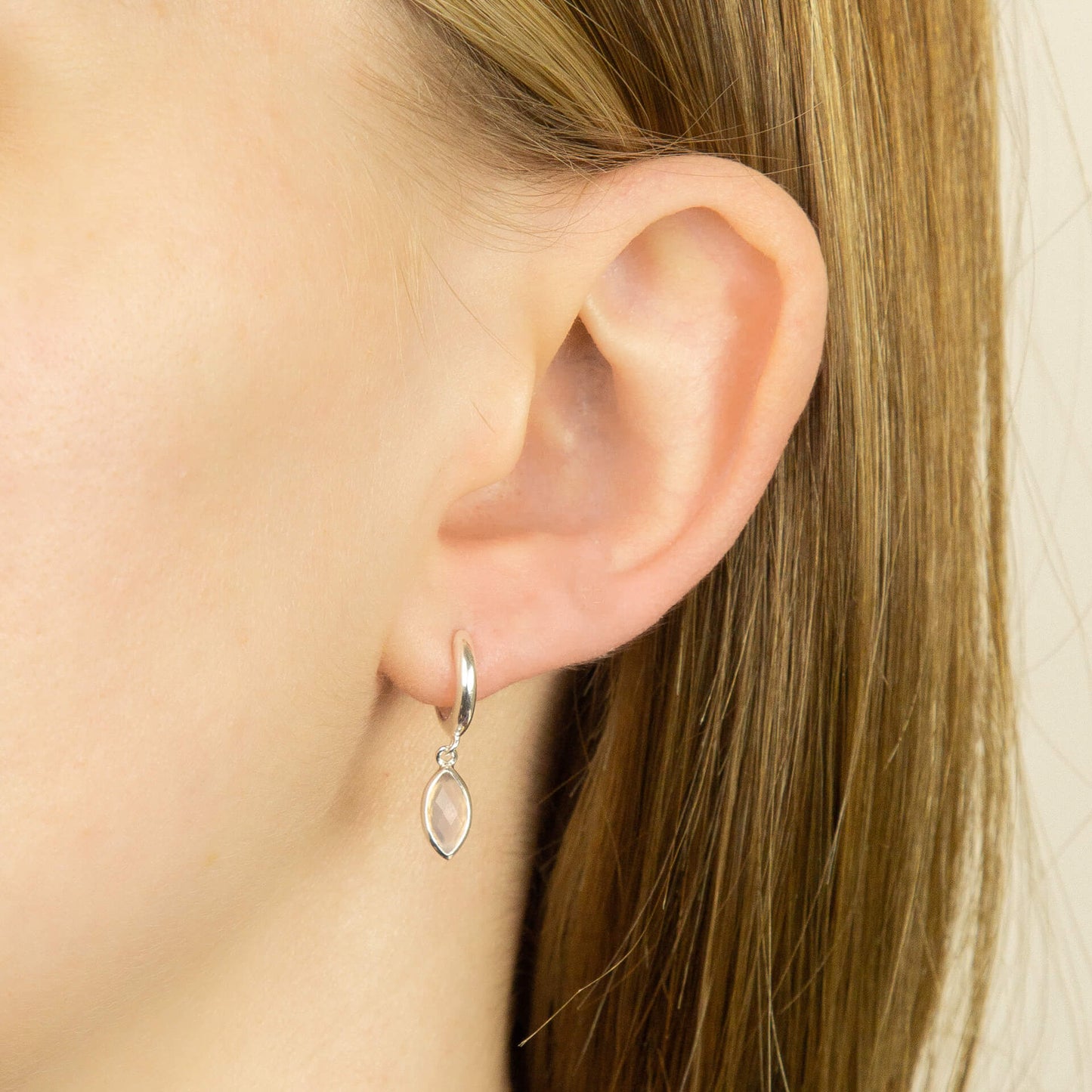 Recycled Silver Hoop Earrings With Marquise Pink Chalcedony Charm