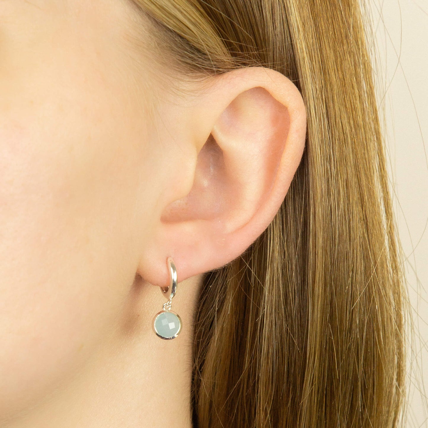 Recycled Silver Hoop Earrings With Round Blue Chalcedony Charm