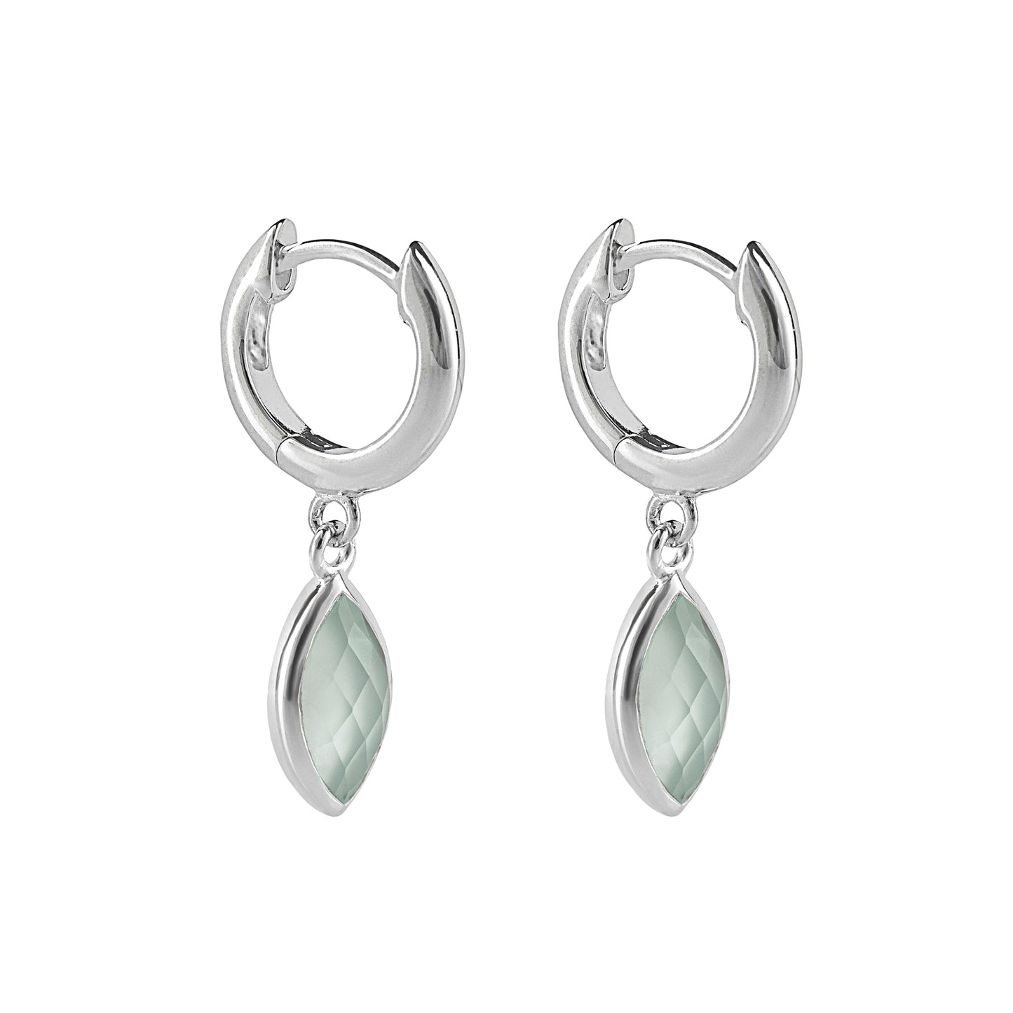 Recycled Silver Hoop Earrings With Marquise Blue Chalcedony Charm